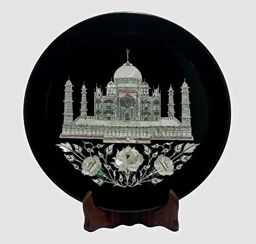 MARBLE INLAY ART AGRA – PACCHIKARI Black Marble Taj Mahal Inlay Decorative Plate for Increase The Beauty of Your Shelf and Cabinet. Size – 10 x 10 inch