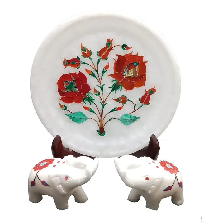 MARBLE INLAY ART AGRA – PACCHIKARI Handcrafted Exclusive Combo of Marble Decorative Plate & Pair of Elephant for Home Office and Perfect Gifting. ( Plate Size – 6 x 6 inch )( Elephant Size – 2 inch Height )