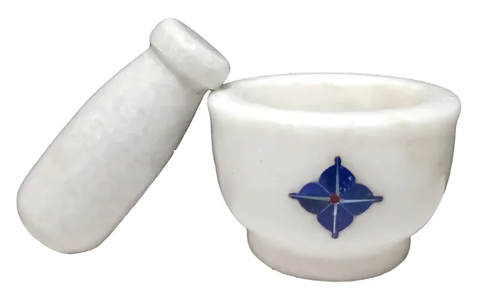 MARBLE INLAY ART AGRA – PACCHIKARI Handcrafted Exclusive Marble Mortar and Pestle Set Kharal Khalbatta Spices Grinder with Inlay Work. (Size 3 x 3 inch)