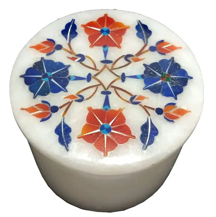 MARBLE INLAY ART AGRA – PACCHIKARI Handcrafted Marble Box with Inlay Work Perfect for Gifts. ( Size – 2 x 2 inch Round )