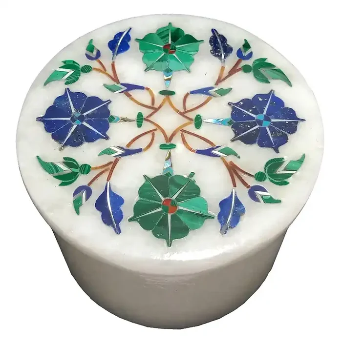 MARBLE INLAY ART AGRA – PACCHIKARI Handcrafted Marble Box with Inlay Work Perfect for Ring / Earring and Gifts. (Size – 2 x 2 inch Round)