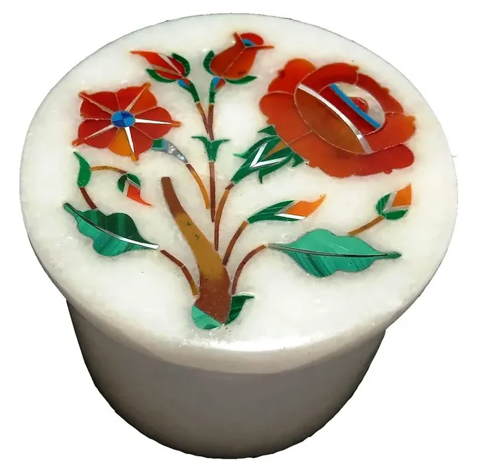 MARBLE INLAY ART AGRA – PACCHIKARI Handcrafted Marble Box with Inlay Work Perfect for Ring / Earring and Gifts. Size – 2 x 2 inch Round