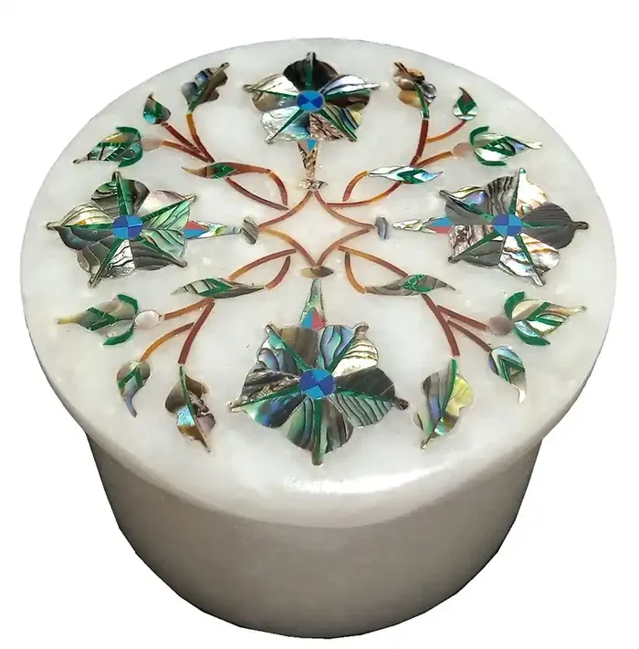 MARBLE INLAY ART AGRA – PACCHIKARI Handcrafted Marble Box with inlay Work Perfect for Ring/Earring and Gifts. (Size – 2 x 2 inch Round)
