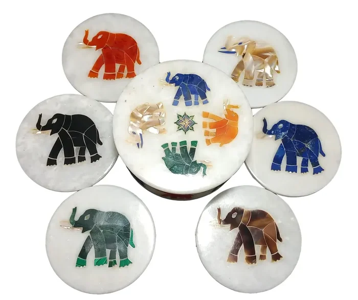 MARBLE INLAY ART AGRA – PACCHIKARI Handcrafted Marble Coaster Set/Coaster for Cups with Inlay Work Perfect Choice to Protect Your Table.(Size – 4.5 x 4.5 inch)