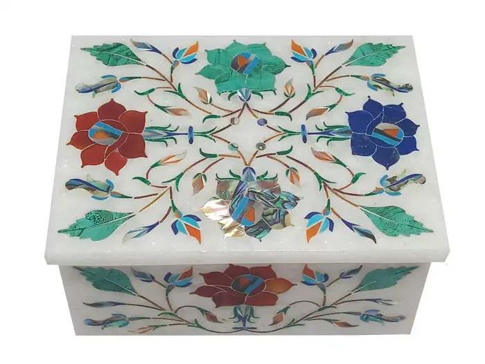 MARBLE INLAY ART AGRA – PACCHIKARI Handcrafted Marble Coaster Set/Coaster Set with Inlay Work. (Size – 4 x 4 inch)