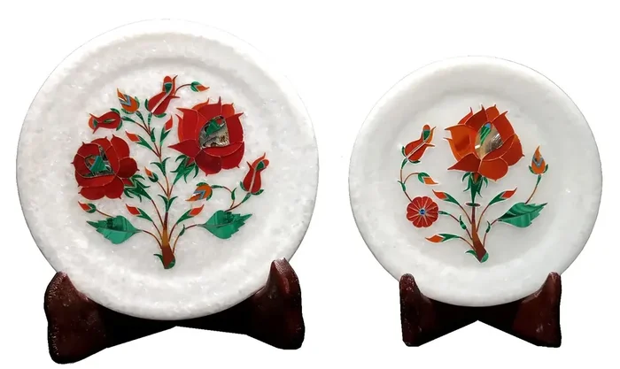 MARBLE INLAY ART AGRA – PACCHIKARI Handcrafted Marble Decorative Plate Set of 2 with Inlay Work for Home Perfect for Gifting. ( Set of 2 – Size 7 and 6 inch )
