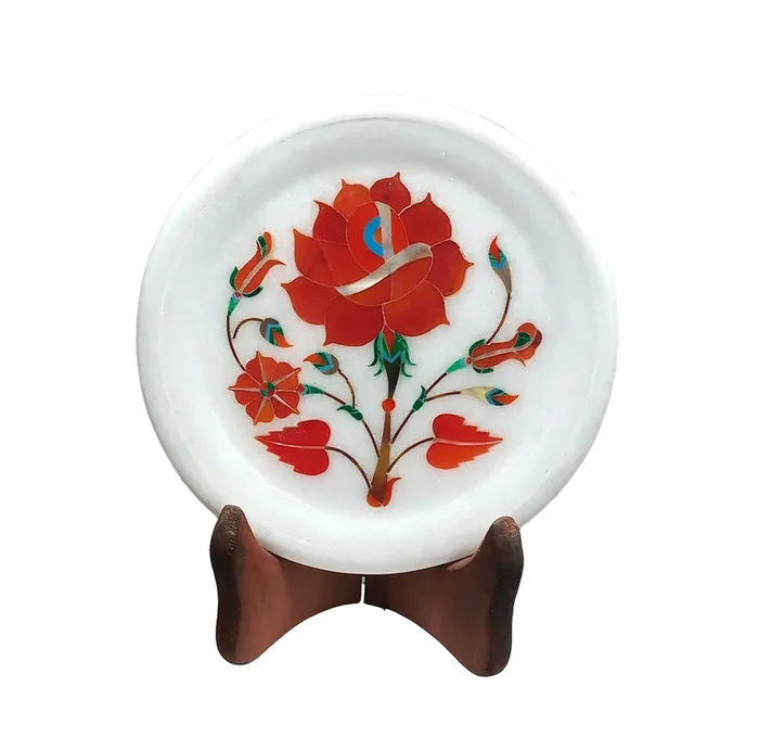 MARBLE INLAY ART AGRA – PACCHIKARI Handcrafted Marble Decorative Plate with Inlay Work for Home Office and Perfect for Gifting. Size – 5 x 5 inch (Orange)