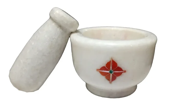 MARBLE INLAY ART AGRA – PACCHIKARI Marble Mortar and Pestle Set Kharal Khalbatta Spices Grinder with Inlay Work for Your Kitchen. Size 3 x 3 inch