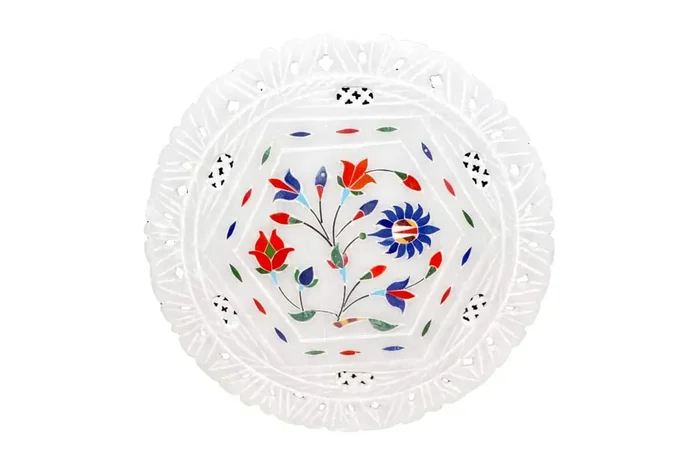 MARBLE INLAY ART AGRA – PACCHIKARI Marble Plates Multi-Colour with Inlaid and Carving Work 8 * 8 Inch A Item