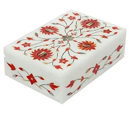 MARBLE INLAY ART AGRA – PACCHIKARI Traditional Indian Marble Jewelry Box (4×6 Inches White)