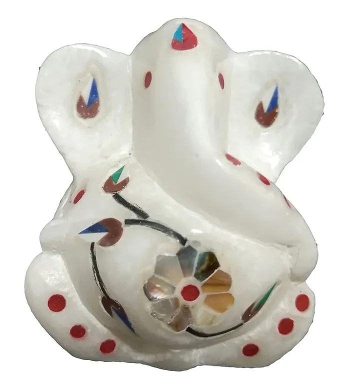 MARBLE INLAY ART AGRA – PACCHIKARI White Alabaster Marble Lord Ganesha Statue Ganpati Murti with Inlay Work. Size – 2.5 inch Height