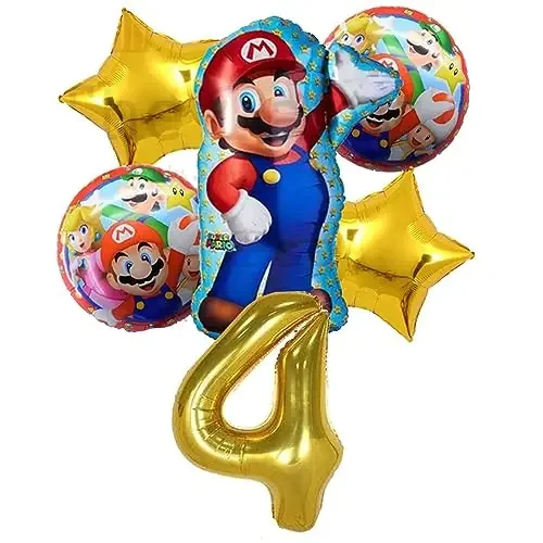 Mario Birthday Party Supplies 6 PCS Mario Brothers Mylar Balloons for Boys Girls 4th Birthday Baby Shower Mario Themed Party Decorations (4th Birthday)