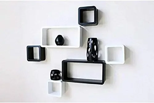MDF Cube and Rectangle Wall Shelf -Set of 6 Black & White