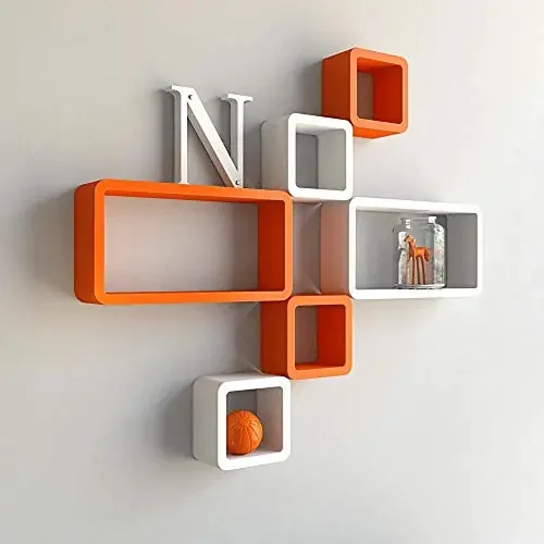 MDF Cube and Rectangle Wall Shelf -Set of 6 Orange & White