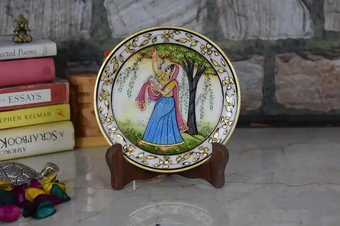 MEENAKARI ENAMEL PRODUCTS 22 Carat Gold Foil Work Round Shape Marble Showpiece Plate with Stand (14.5 cm x 1.5 cm x 14.5 cm) – Ragini with Tree