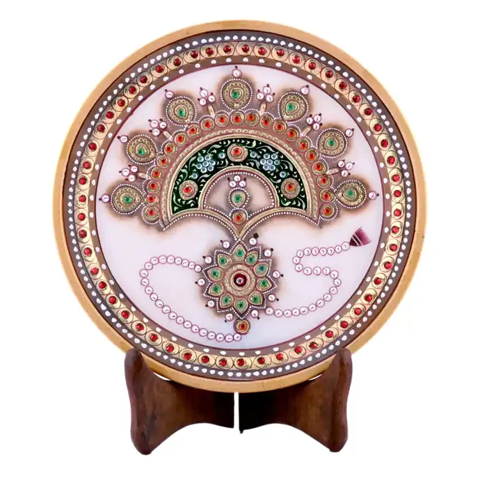 MEENAKARI ENAMEL PRODUCTS 22 Carat Gold Foil Work Round Shape Marble Showpiece Plate with Stand (14.5 cm x 1.5 cm x 14.5 cm) – Double Border