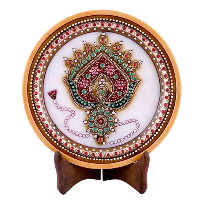 MEENAKARI ENAMEL PRODUCTS 22 Carat Gold Foil Work Round Shape Marble Showpiece Plate with Stand (14.5 cm x 1.5 cm x 14.5 cm) – 4-Sided