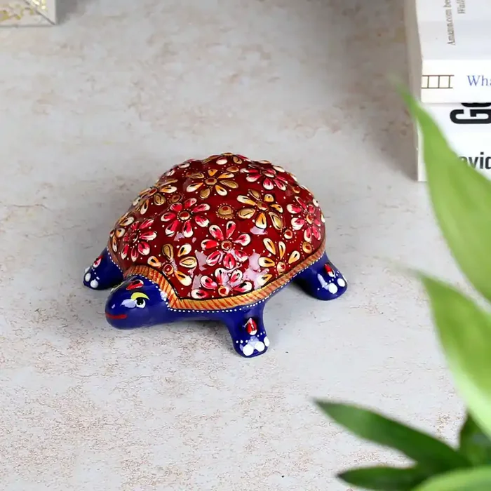 MEENAKARI ENAMEL PRODUCTS 3″ Metal Feng Shui Tortoise Spiritual Auspicious Handmade Decorative Showpiece Figurine