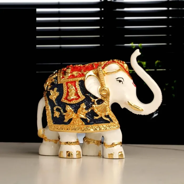 MEENAKARI ENAMEL PRODUCTS 3″ Resin Handmade Trunk Up Elephant Statue with Body Golden Plated Animal Figurines Gifts for Home Dcor and Office Living Room Bedroom – Multicolor
