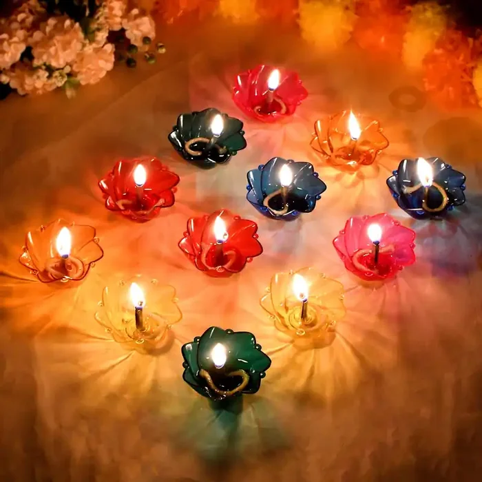 MEENAKARI ENAMEL PRODUCTS 3D Refection Reusable Transparent Hard Plastic Multicolor Floating Oil Diya Deepak for Diwali Decoration and Gifts (12)