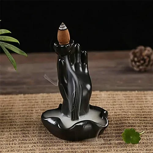 MEENAKARI ENAMEL PRODUCTS Polyresin Decorative Smoke Backflow Cone Incense Holder with 10 Smoke Cones (Flower in Hand Black)