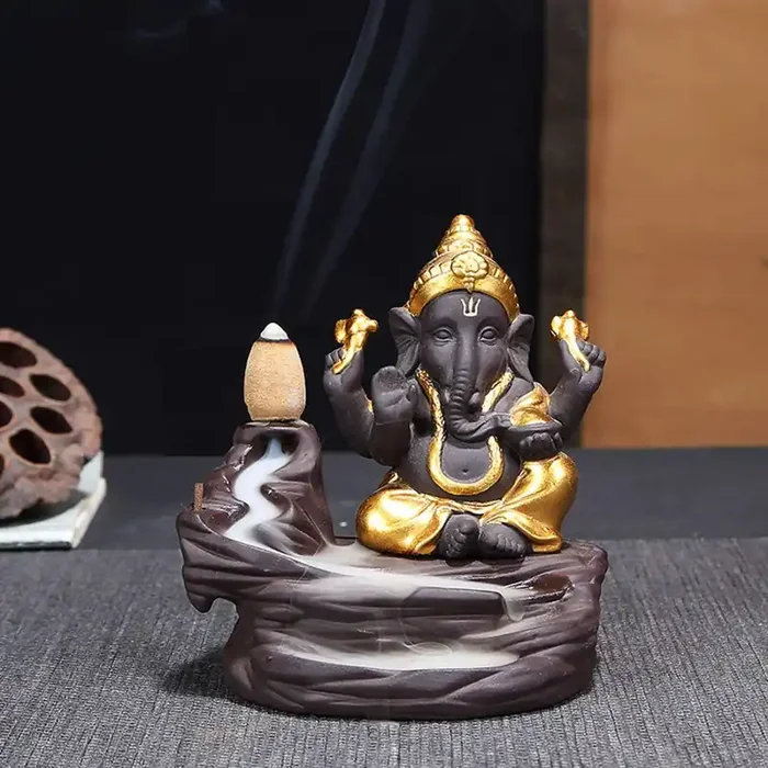 MEENAKARI ENAMEL PRODUCTS PolyResin Ganesha Smoke Fountain Backflow Waterfall Cone Incense Holder Showpiece Statue with 10 Back Flow Incense Cones (Golden)