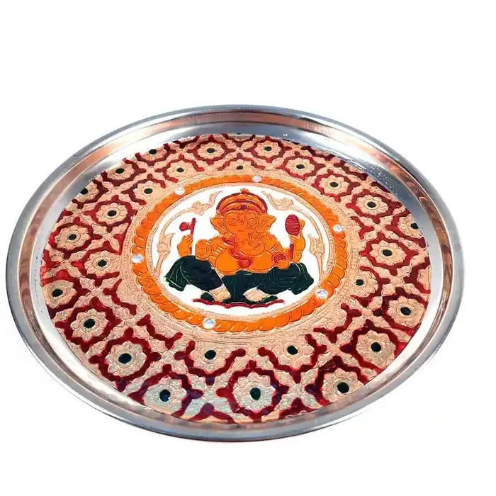 MEENAKARI ENAMEL PRODUCTS Pooja Thali Ganesha Design Stainless Steel Decorative Pooja Plate (Red 9 Inch) for Navratri Diwali Poojan/Pooja Room/Festival Gifting