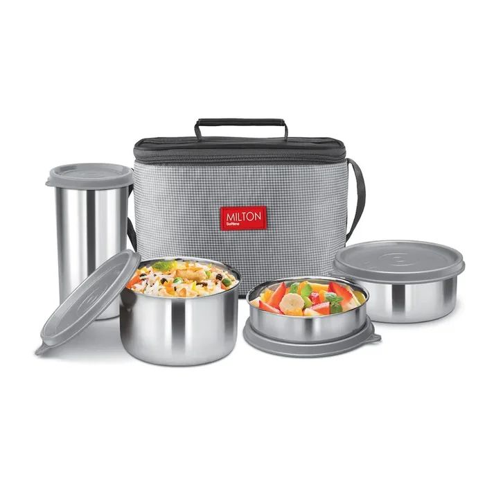 MILTON Delicious Lunch Box with Insulated Fabric Jacket, 3 Stainless Steel Containers 210 ml, 340 ml, 500 ml &Tumbler 380 ml, Leak-Proof Tiffin for Office, College, Picnic, Grey