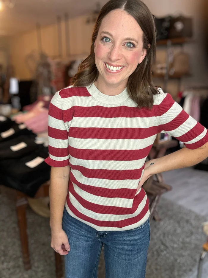 Mini Ruffle Striped Half Sleeve Sweater