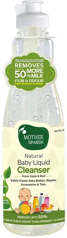 Mother Sparsh Plant Powered Natural Baby Liquid Cleanser with Basil & Green Apple Extract for Baby Bottles, Nipples, Accessories and Toys Cleaning – 500ml