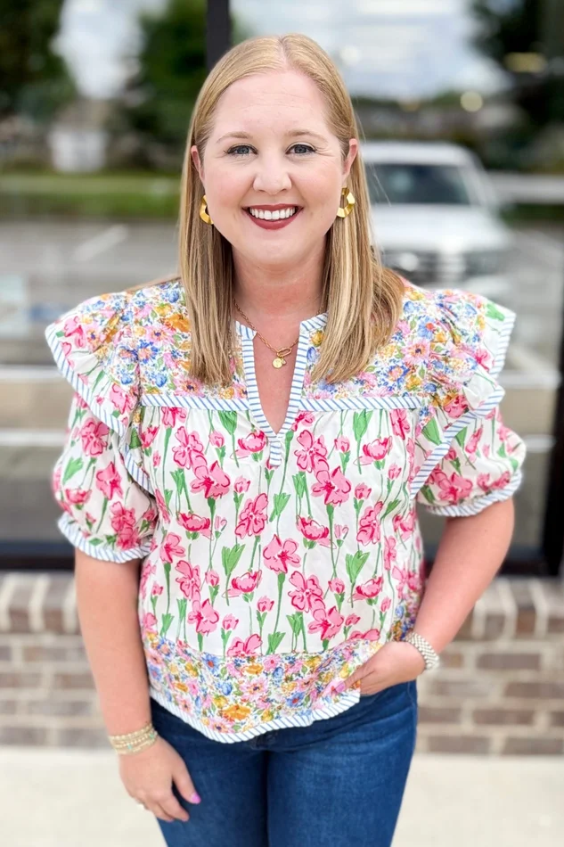 MULTI FLORAL PRINT STRIPE DETAIL TOP