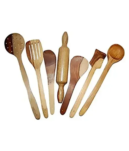 Multipurpose Serving and Cooking Spoon Set for Non Stick Spoon for Cooking Baking kitchen tools Essentials Wooden Non Stick Spatulas Ladles Mixing and turning with Rolling Pin Belan Handmade Wooden Serving and Cooking Spoon Kitchen Utensil 6 Spoon & 1 Ro