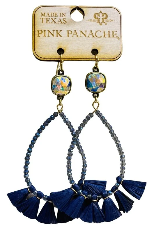 Navy Crystal & Tassel Drop Earrings