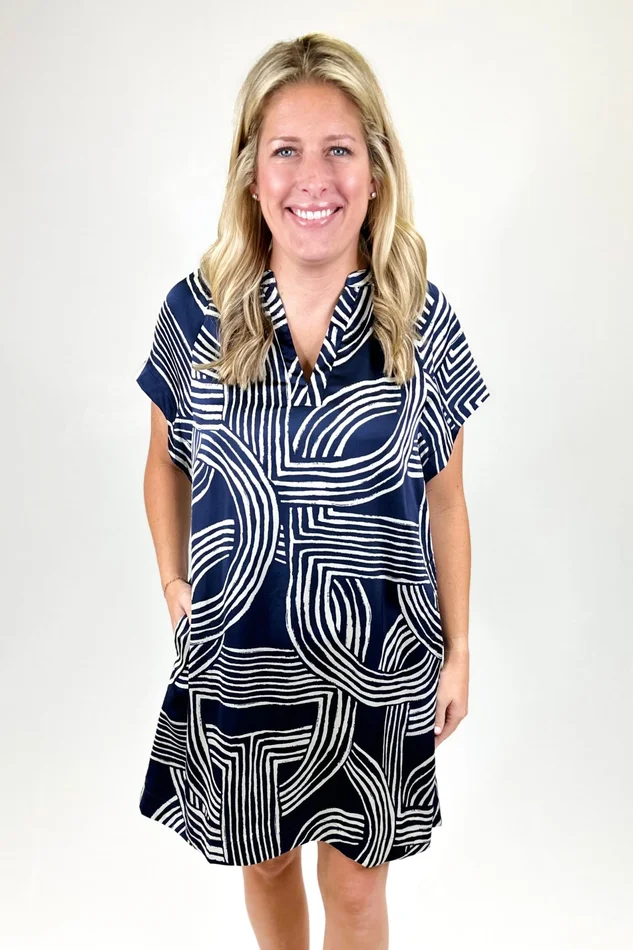 NAVY GEO STRIPE VNECK SHIFT DRESS