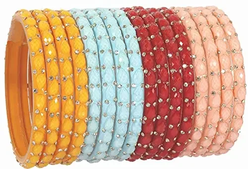 NMII Acrylic (Plastic) With Beads and Zircon Gemstone Studded Worked Kada Set For Women and Girls(Multi2_2.6 Inches) Pack Of 16 Kada Set 2.6 Acrylic (Plastic) Zircon Gemstone