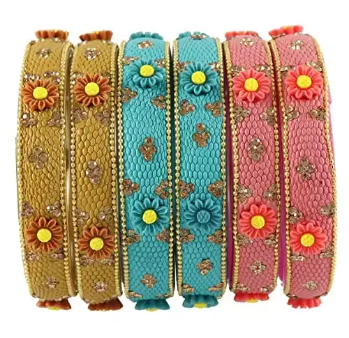 NMII Glass and Zircon Gemstone Flower Pattern Multicolour Bangle/Kada Set for Women/Girls