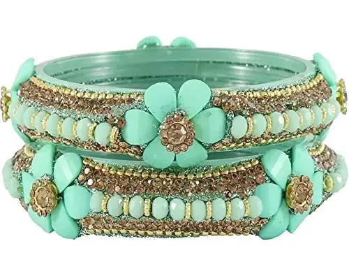 NMII Glass with Zircon Gemstone and Pearl Or Flower Shaped and Spread with Glitter Pattern and Ball Chain Linked Glossy Finished Kada Set for Women and Girls