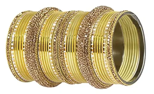 NMII Non-Precious Metal Base Metal and Studded with Zircon Gemstone Glossy Finished Chudaa set for Women/Girls (Golden_2.4 Inches) Pack Of 30 Bangle set