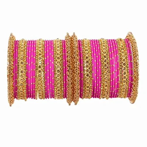 NMII Non-Precious Metal with Base Metal and studded with Zircon Gemstone or Zari Dotted Glossy Finished Traditional Chuda Bangle set for Women and Girls 2.4 Metal Zircon Gemstone