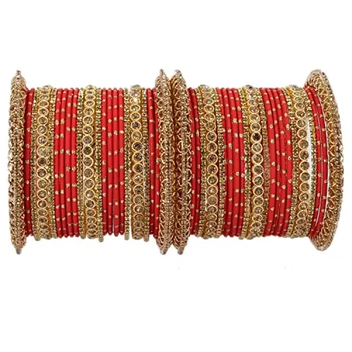 NMII Non-Precious Metal with Base Metal and studded with Zircon Gemstone or Zari Dotted Glossy Finished Traditional Chuda Bangle set for Women and Girls 2.4 Metal Zircon Gemstone