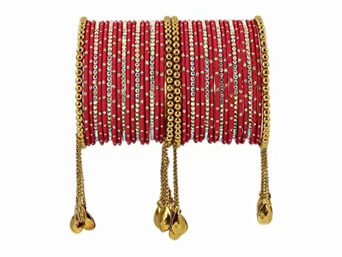 NMII Non-Precious Metal with Base Metal Zari Dotted and Rainbow Zircon Gemstone Studded Glossy Finished Kaleere Type Latkan Bangle set for Women and Girls 2.4 Metal Zircon Gemstone