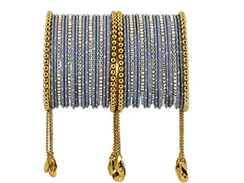 NMII Non-Precious Metal with Base Metal Zari Dotted and Rainbow Zircon Gemstone Studded Glossy Finished Kaleere Type Latkan Bangle set for Women and Girls 2.4 Metal Zircon Gemstone