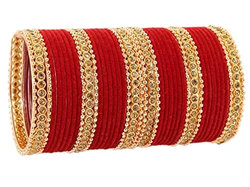 NMII Non-Precious Metal with Base Metal Zircon Gemstone and Rosegold Ballchain Studded Glossy Finished Traditional Velvet Bangle set for Women and Girls 2.4 Metal Zircon Gemstone