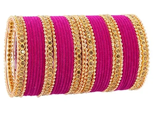 NMII Non-Precious Metal with Base Metal Zircon Gemstone and Rosegold Ballchain Studded Glossy Finished Traditional Velvet Bangle set for Women and Girls 2.6 Metal Zircon Gemstone