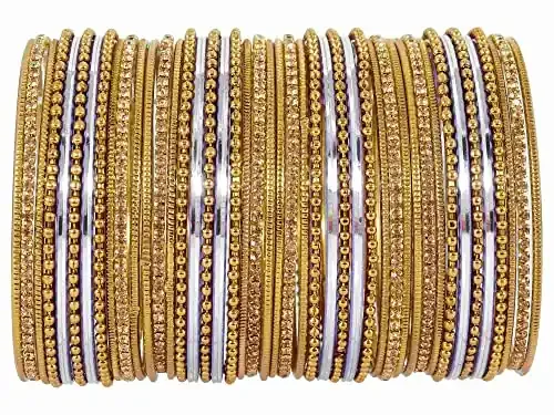 NMII Non-Precious Metal with Base Metal Zircon Gemstone Studded Glossy Finished Ballchain Linked Gold Plated Cutting Pattern Bangle set for Women and Girls (D-Purple _2.4 Inches) Pack Of 44 Bangles