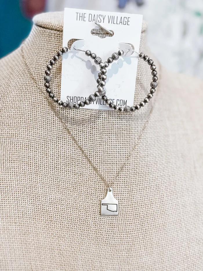 Oklahoma State Cattle Tag Sterling Silver Elongated Paperclip Necklace