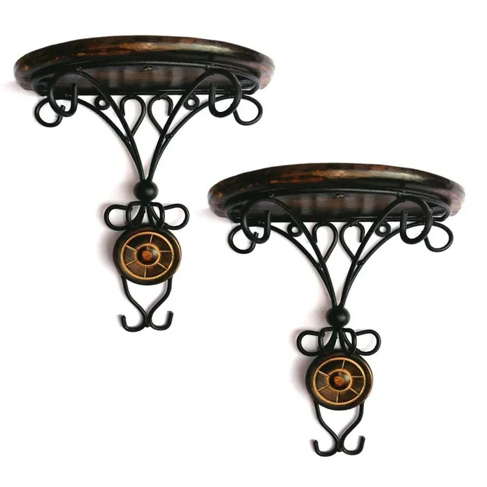 Online Collection Wooden & Wrought Iron Fancy Wall Bracket/Wall Shelf (Pack – 2) (Antique)