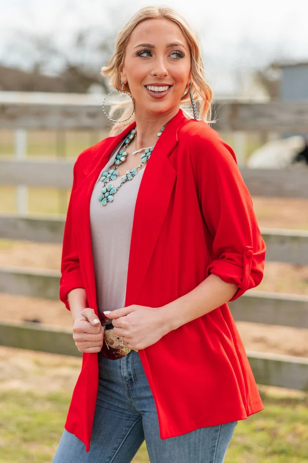 Open Front Relaxed Boyfriend Blazer in Red