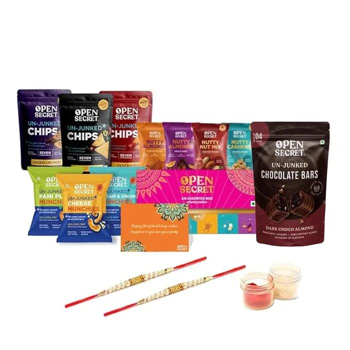 Open Secret Holi Gift Box Combo of 15 Dry Fruits, Chocolate Bar, Chips, Cookies & Munchies, Gift Hamper, Holi Gift Hampers, Gift Set, Corporate Gift for Employees with Festive Card