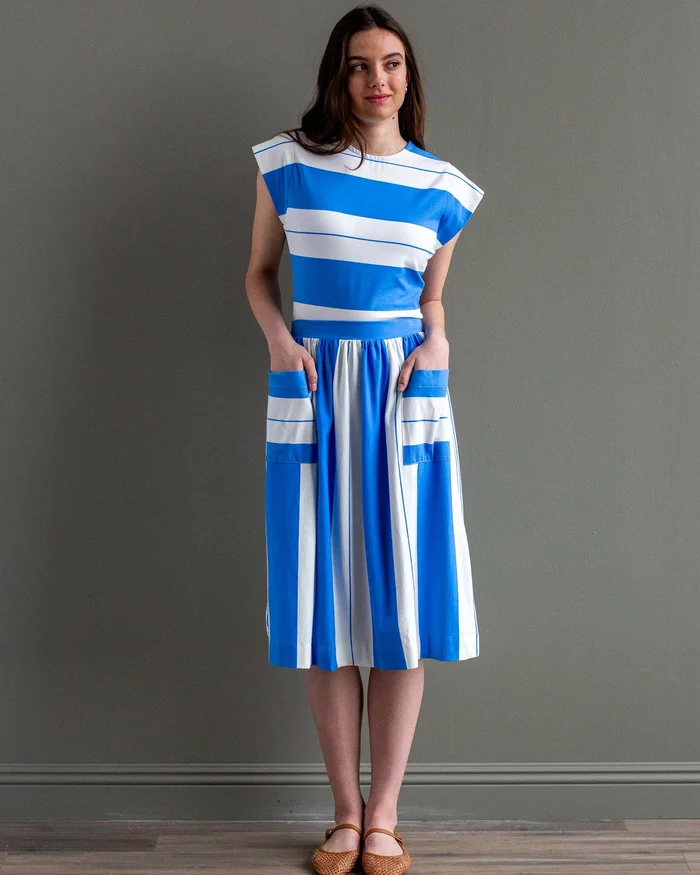 Palm Springs Bright Blue and White Striped Midi Knit Skirt